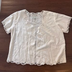 Orvis embroidered lace v neck cardigan blouse women’s small white scallop edge